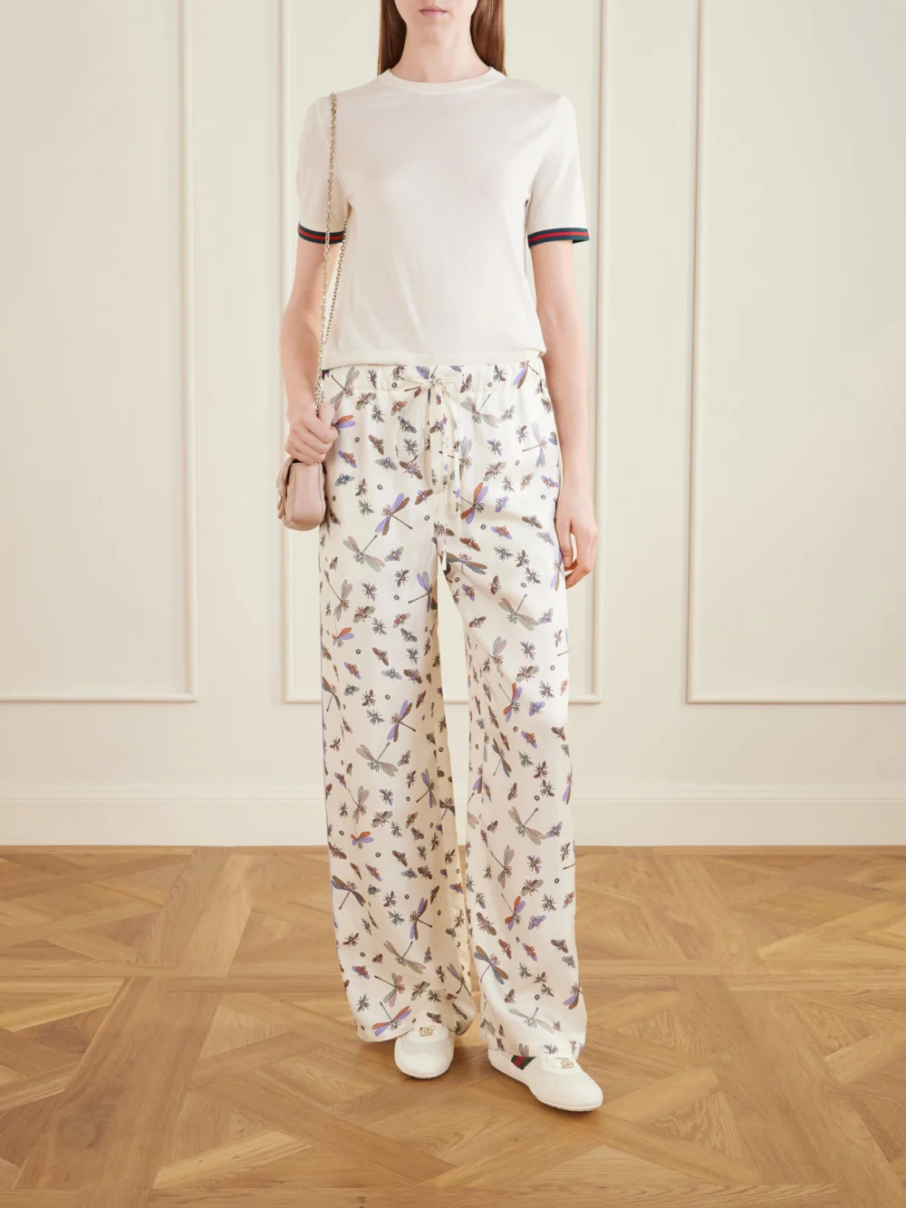 Gucci Printed Silk-satin Wide-leg Pants, worn by a model