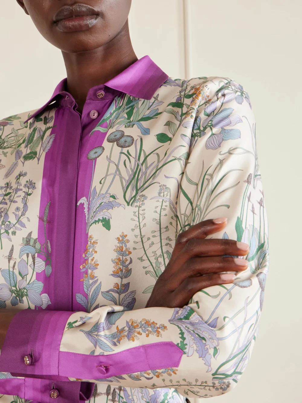 Close-up detail of the Gucci Printed Silk Shirt