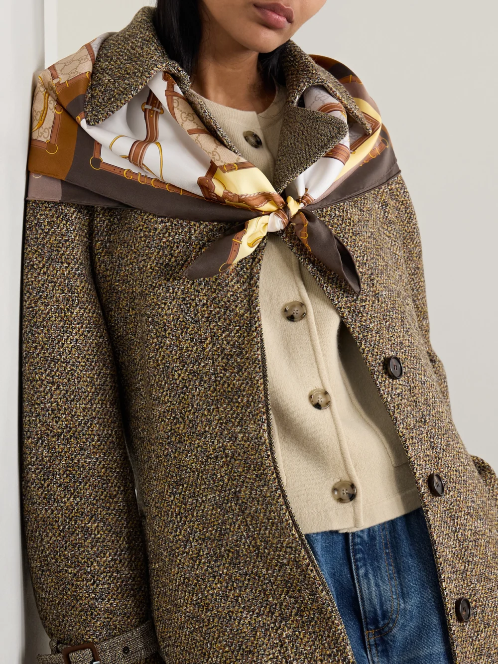 Gucci Printed Silk-twill Scarf, styled view