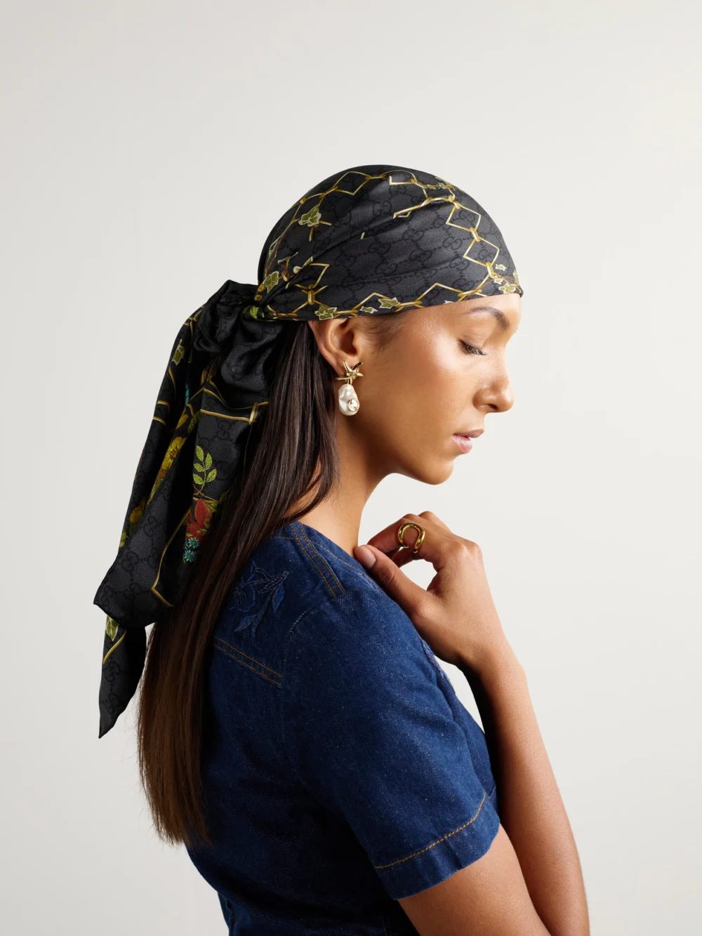 Gucci Printed Silk-twill Scarf, styled view