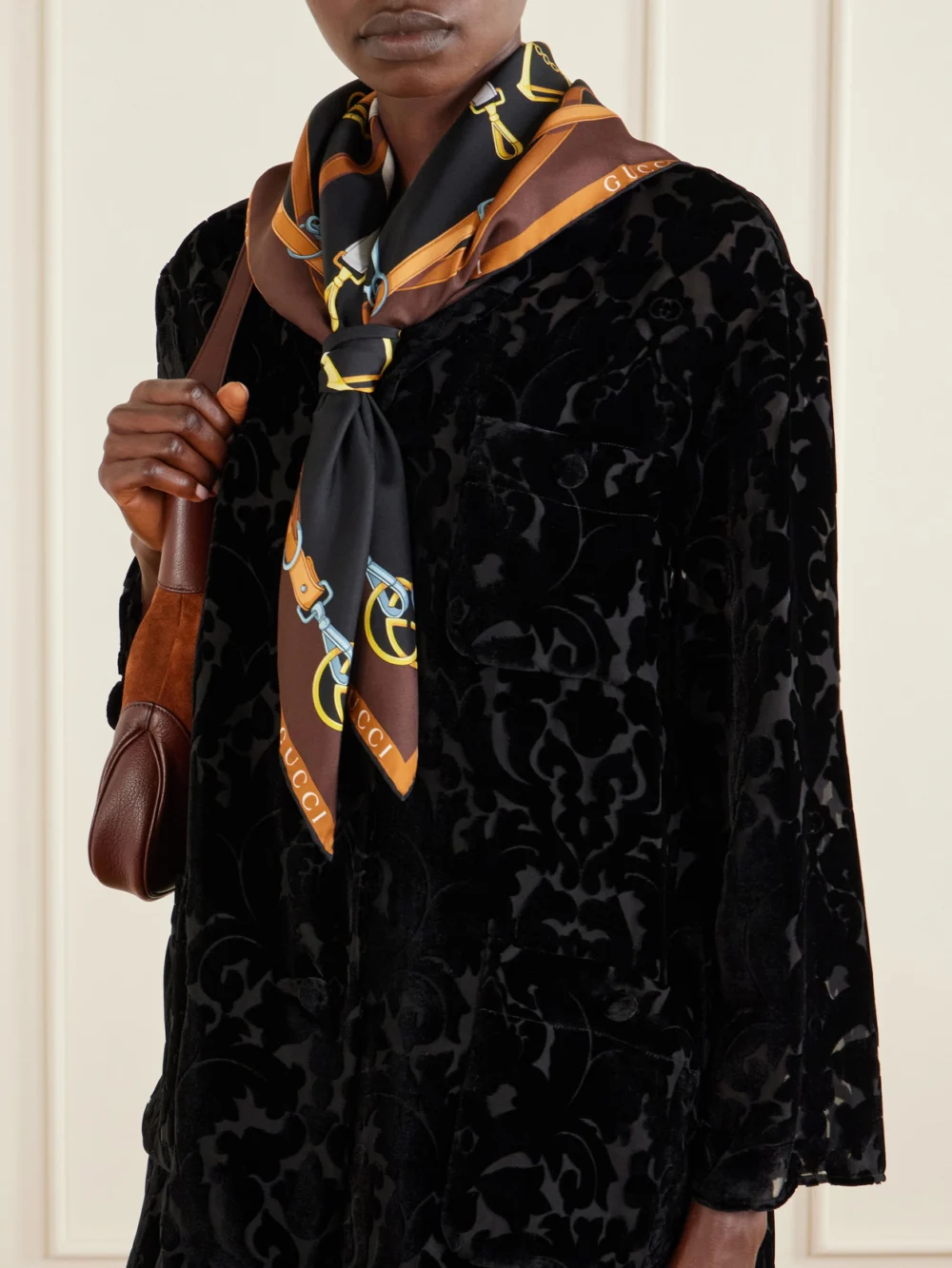 Gucci Printed Silk-twill Scarf, styled view