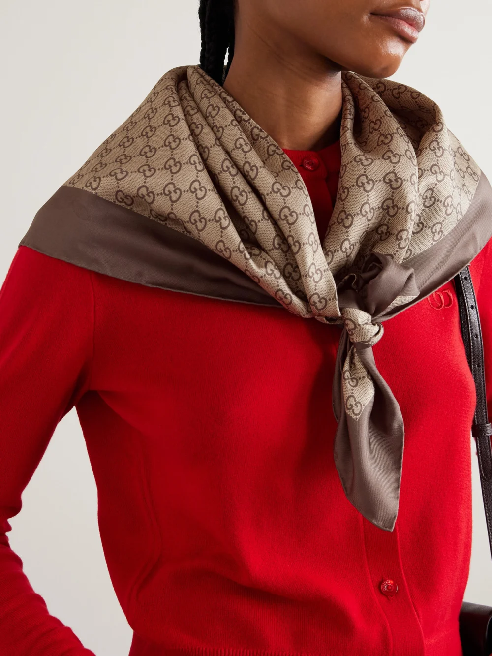 Gucci Printed Silk-twill Scarf, styled view