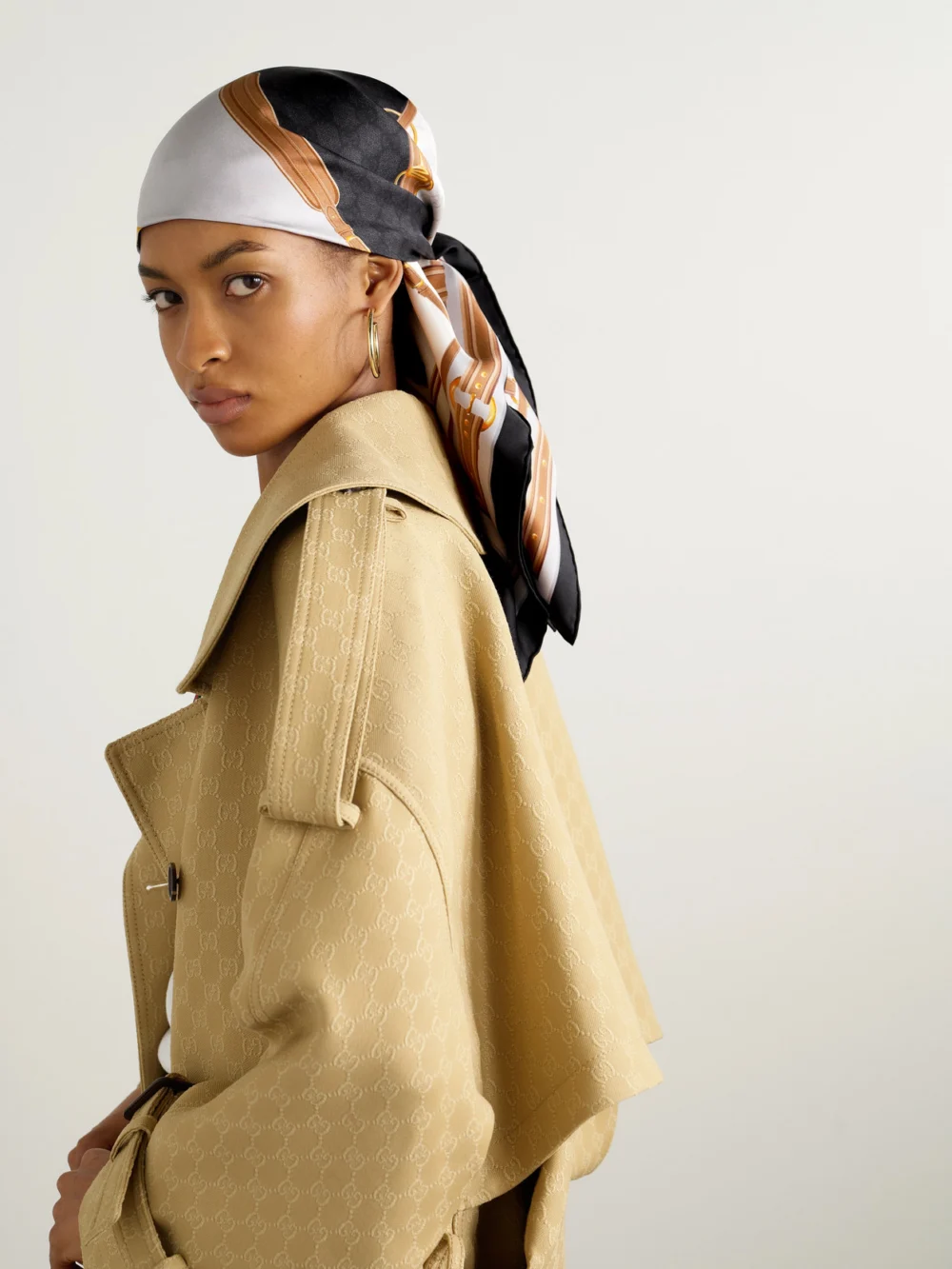 Gucci Printed Silk-twill Scarf, styled view