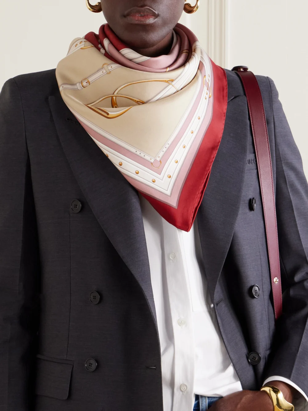 Gucci Printed Silk-twill Scarf, styled view