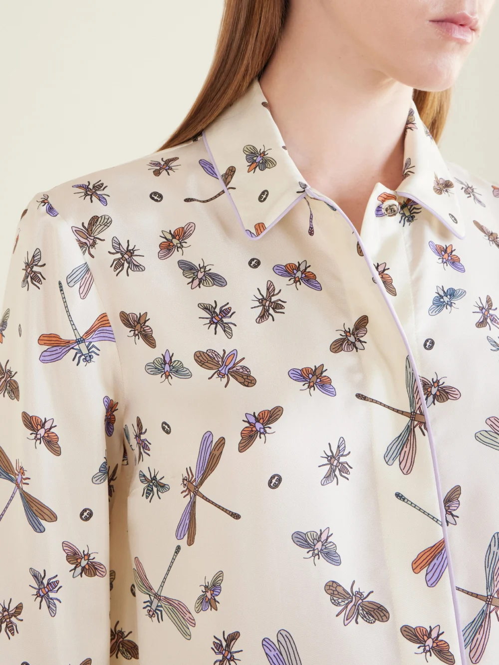 Close-up detail of the Gucci Printed Silk-twill Shirt