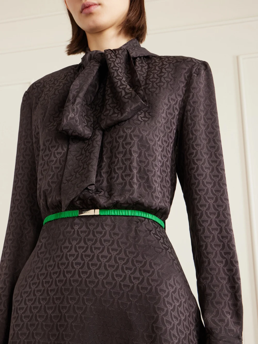 Close-up detail of the Gucci Pussy-bow Silk-jacquard Mini Dress