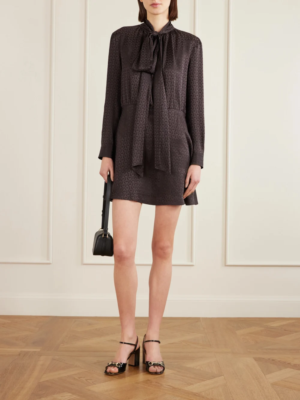 Gucci Pussy-bow Silk-jacquard Mini Dress, worn by a model