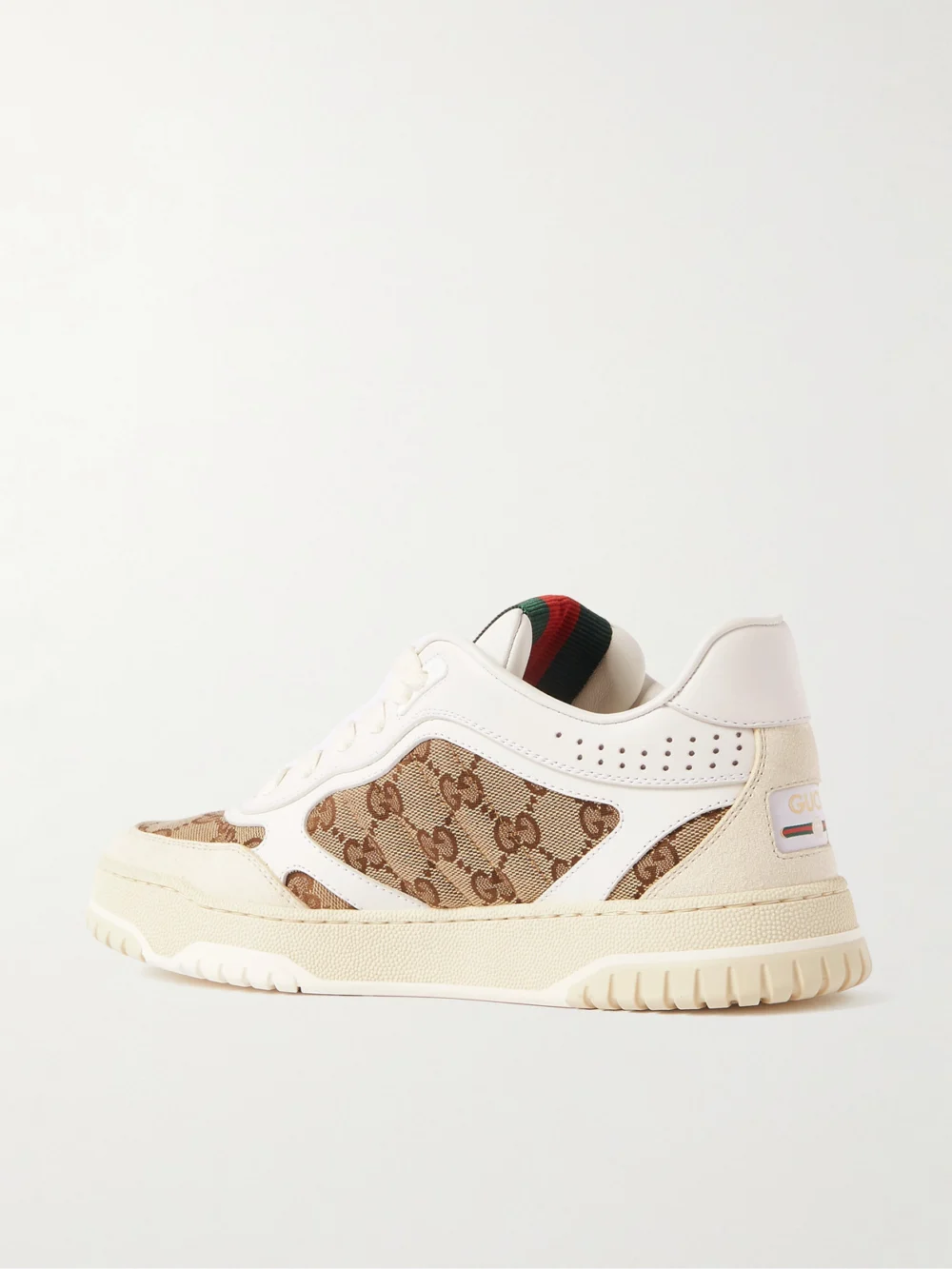 Back view of the Gucci Re-web Leather and Canvas-jacquard Sneakers