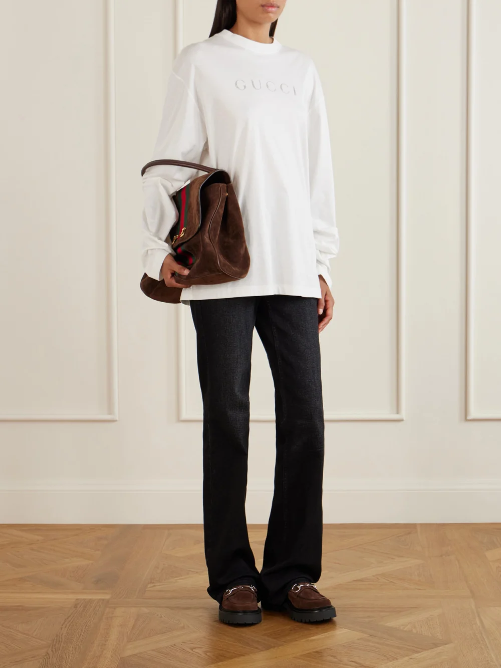 Gucci Rhody Horsebit-detailed Suede Loafers, styled view