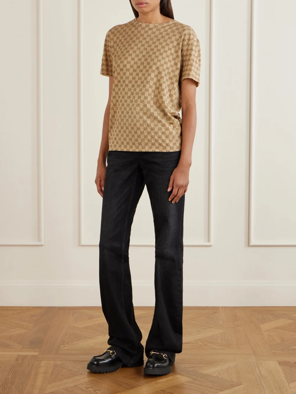 Gucci Rhody Horsebit-embellished Leather Loafers, styled view