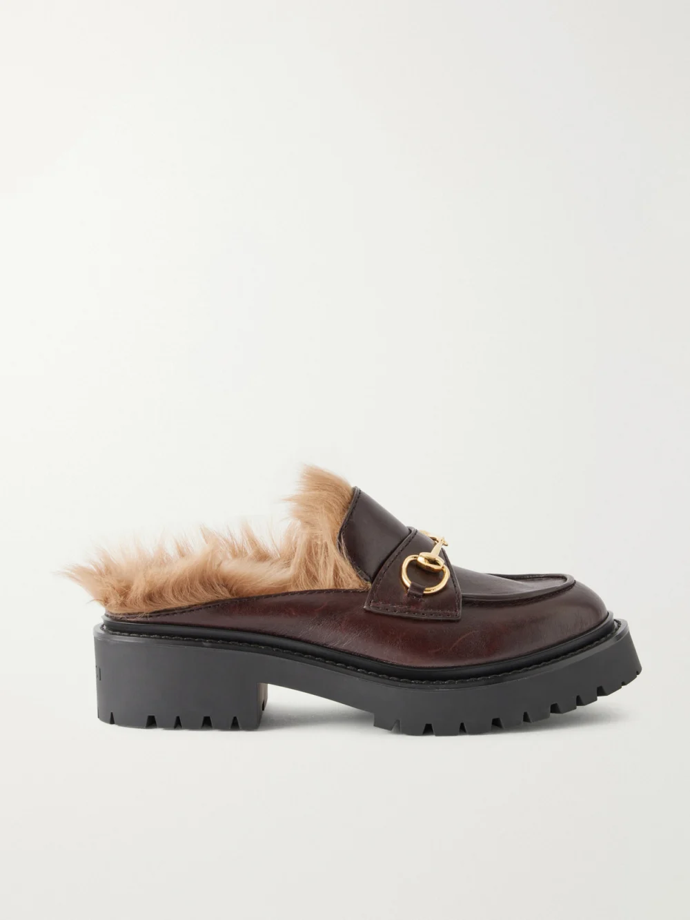 Gucci Rhody Horsebit-embellished Shearling-lined Leather Mules in brown