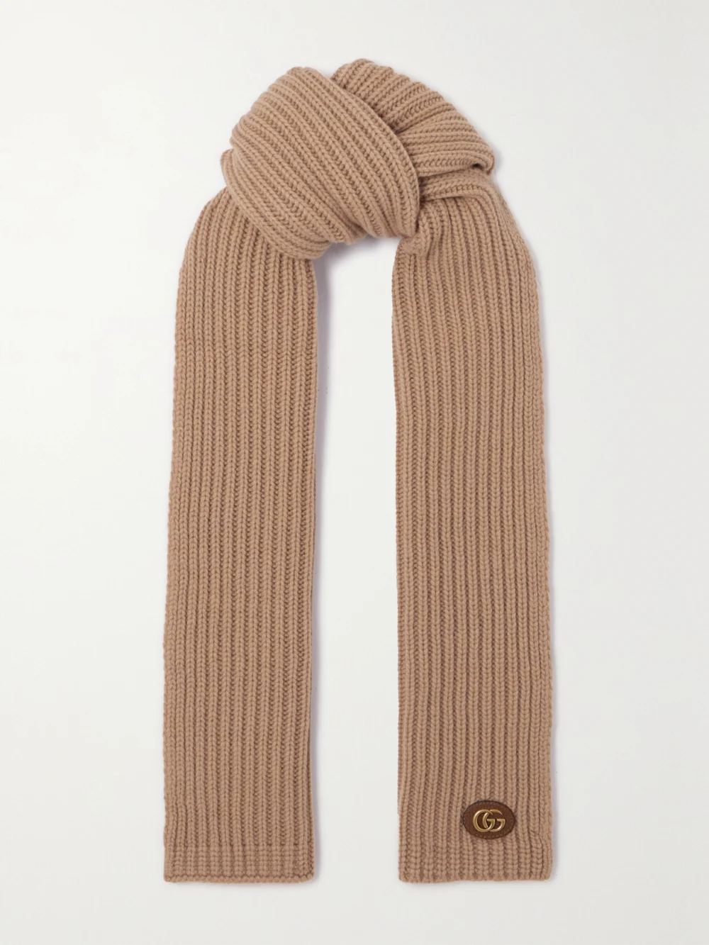 Gucci Ribbed Wool and Cashmere-blend Scarf in camel