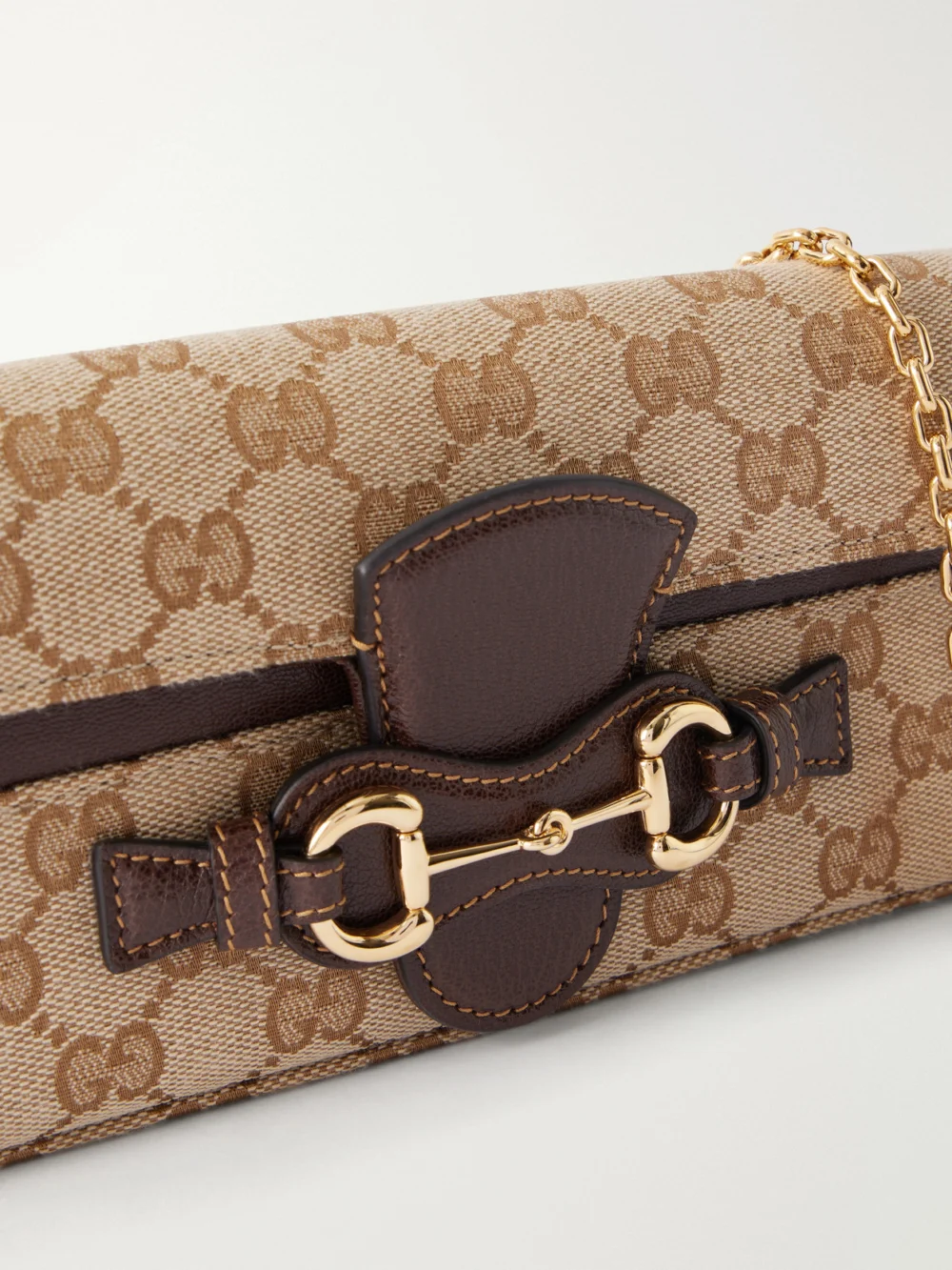 Close-up detail of the Gucci Ristretto Horsebit Embellished Canvas-jacquard Shoulder Bag