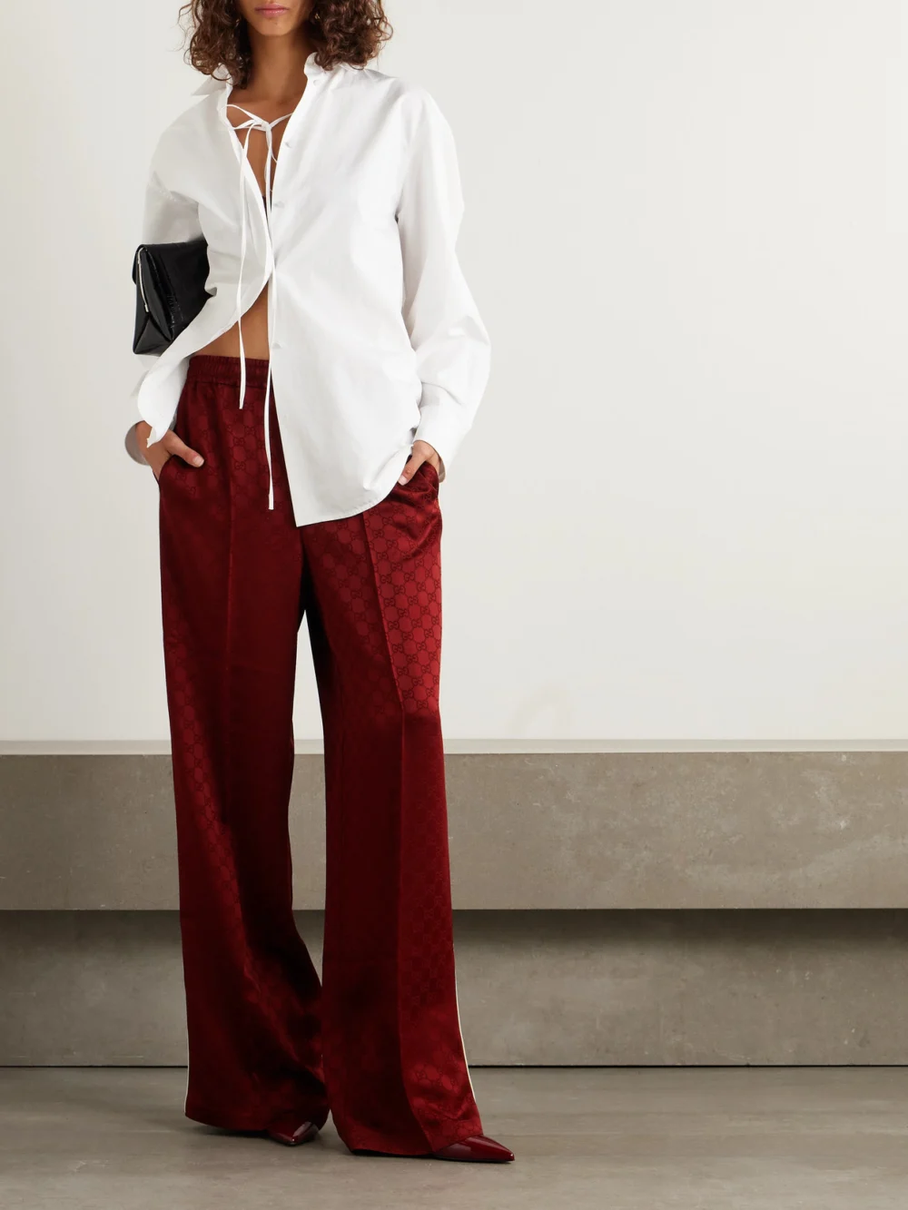 Gucci Satin-jacquard Straight-leg Pants, worn by a model