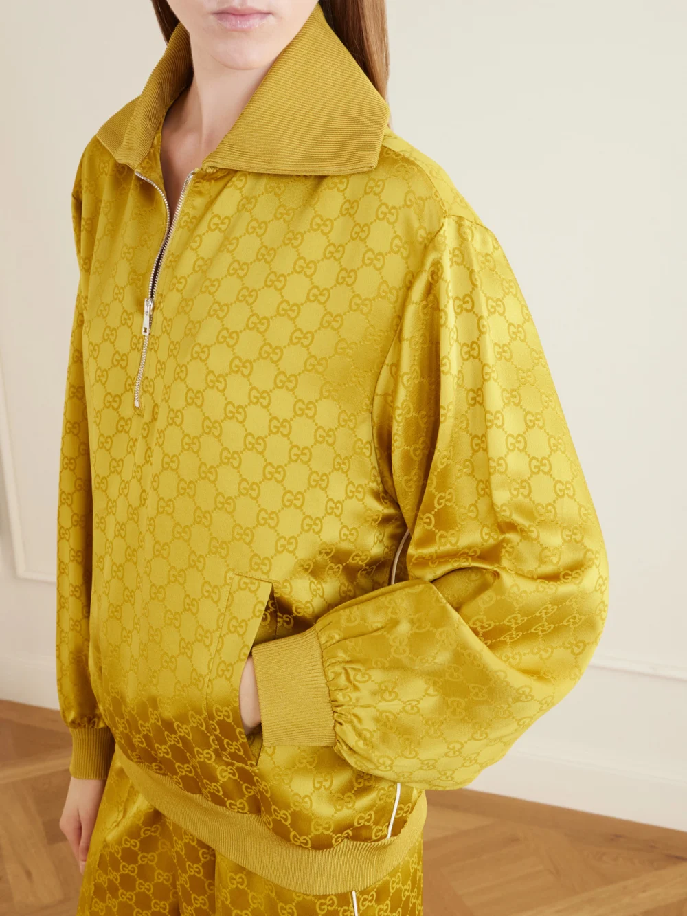 Close-up detail of the Gucci Satin-jacquard Track Jacket