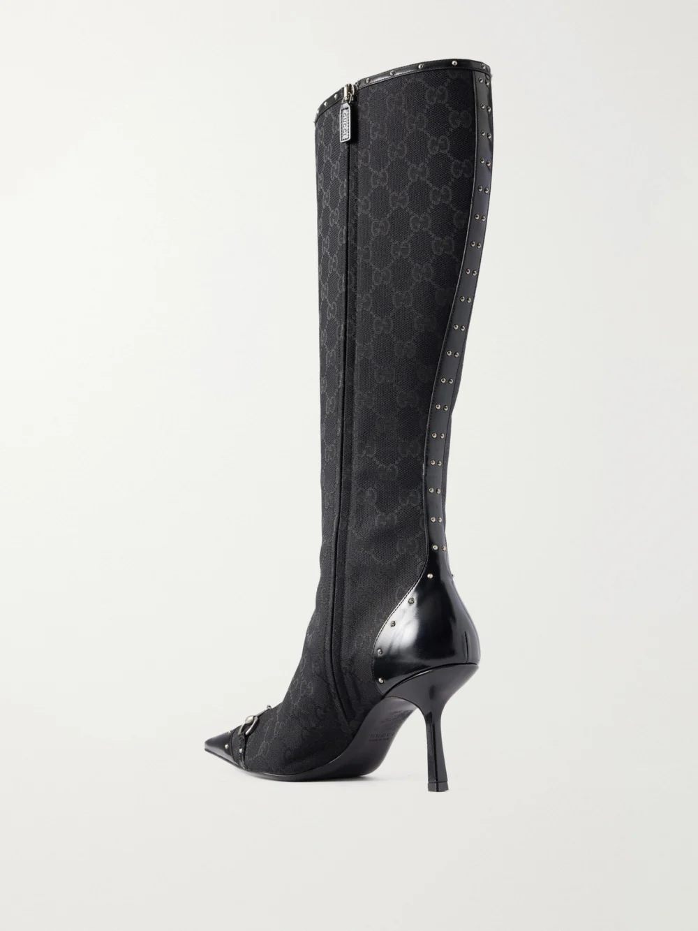 Back view of the Gucci Savoy Horsebit-embellished Leather-trimmed Canvas-jacquard Knee Boots