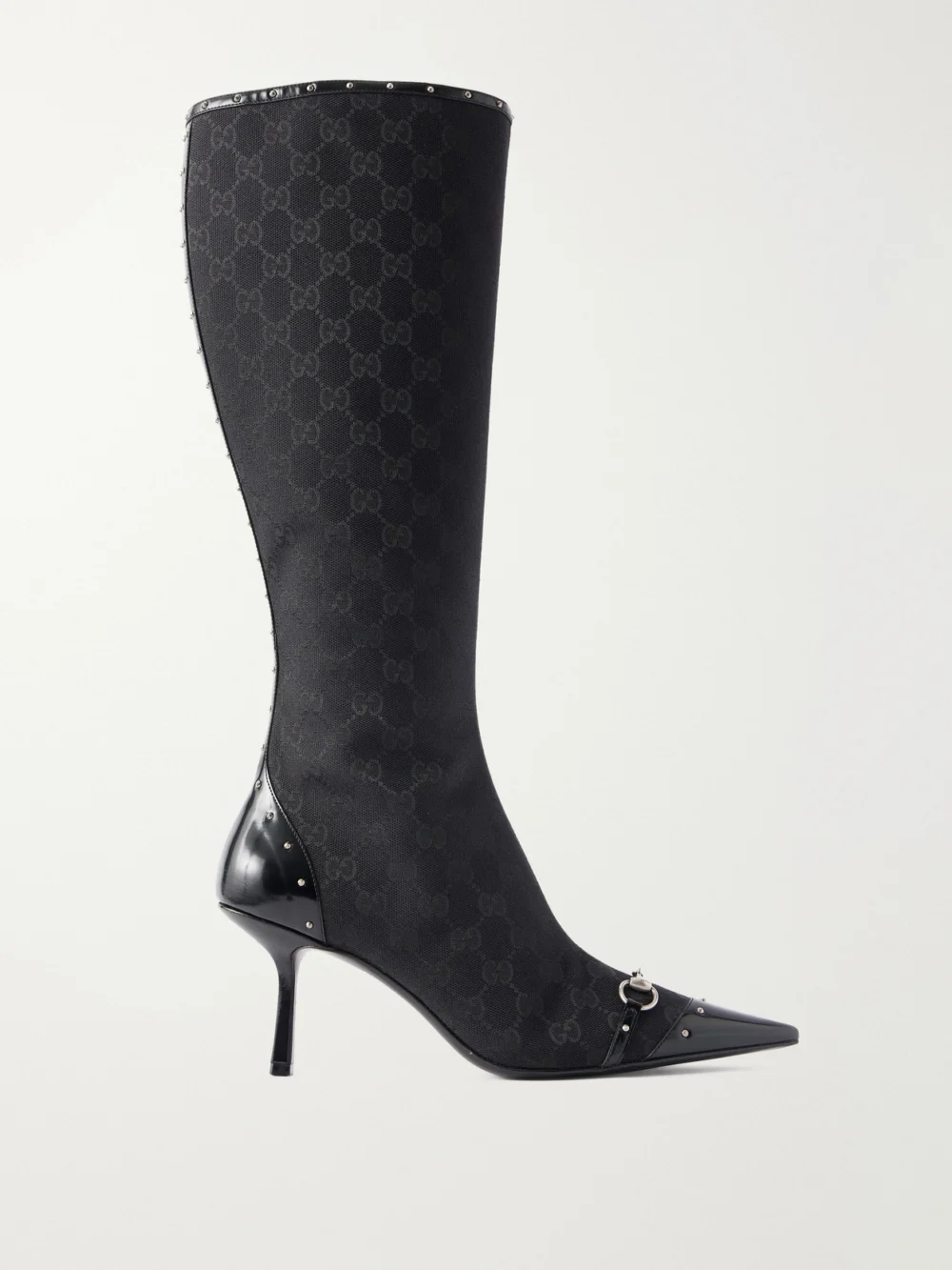 Gucci Savoy Horsebit-embellished Leather-trimmed Canvas-jacquard Knee Boots in black