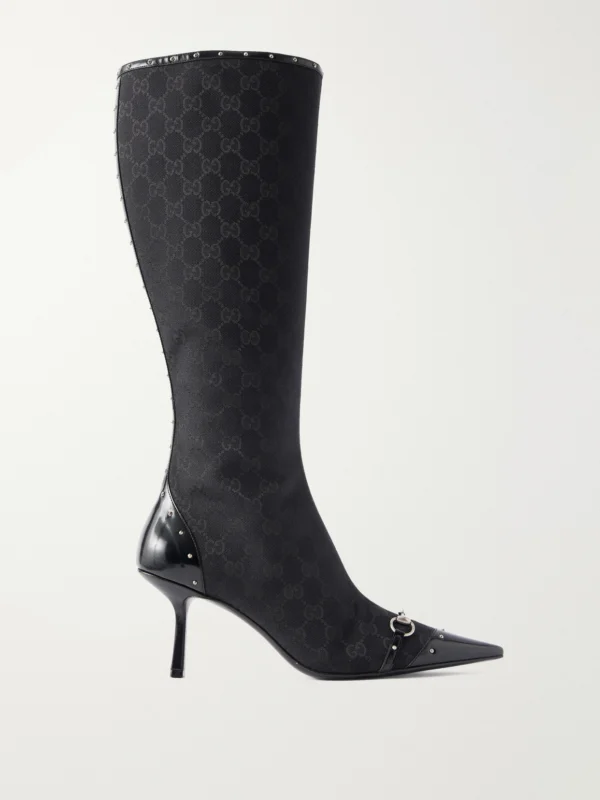 Gucci Savoy Horsebit-embellished Leather-trimmed Canvas-jacquard Knee Boots