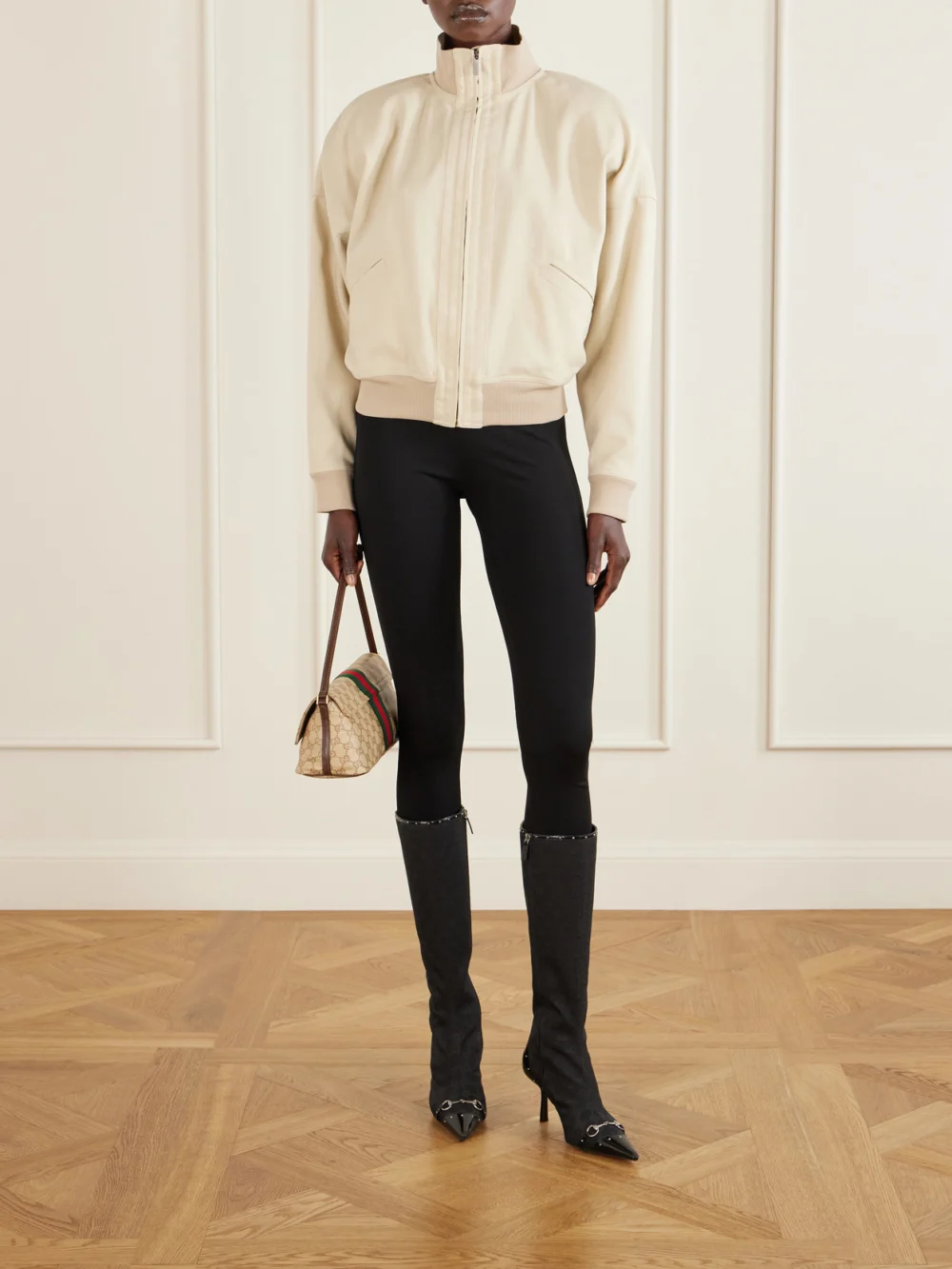 Gucci Savoy Horsebit-embellished Leather-trimmed Canvas-jacquard Knee Boots, styled view
