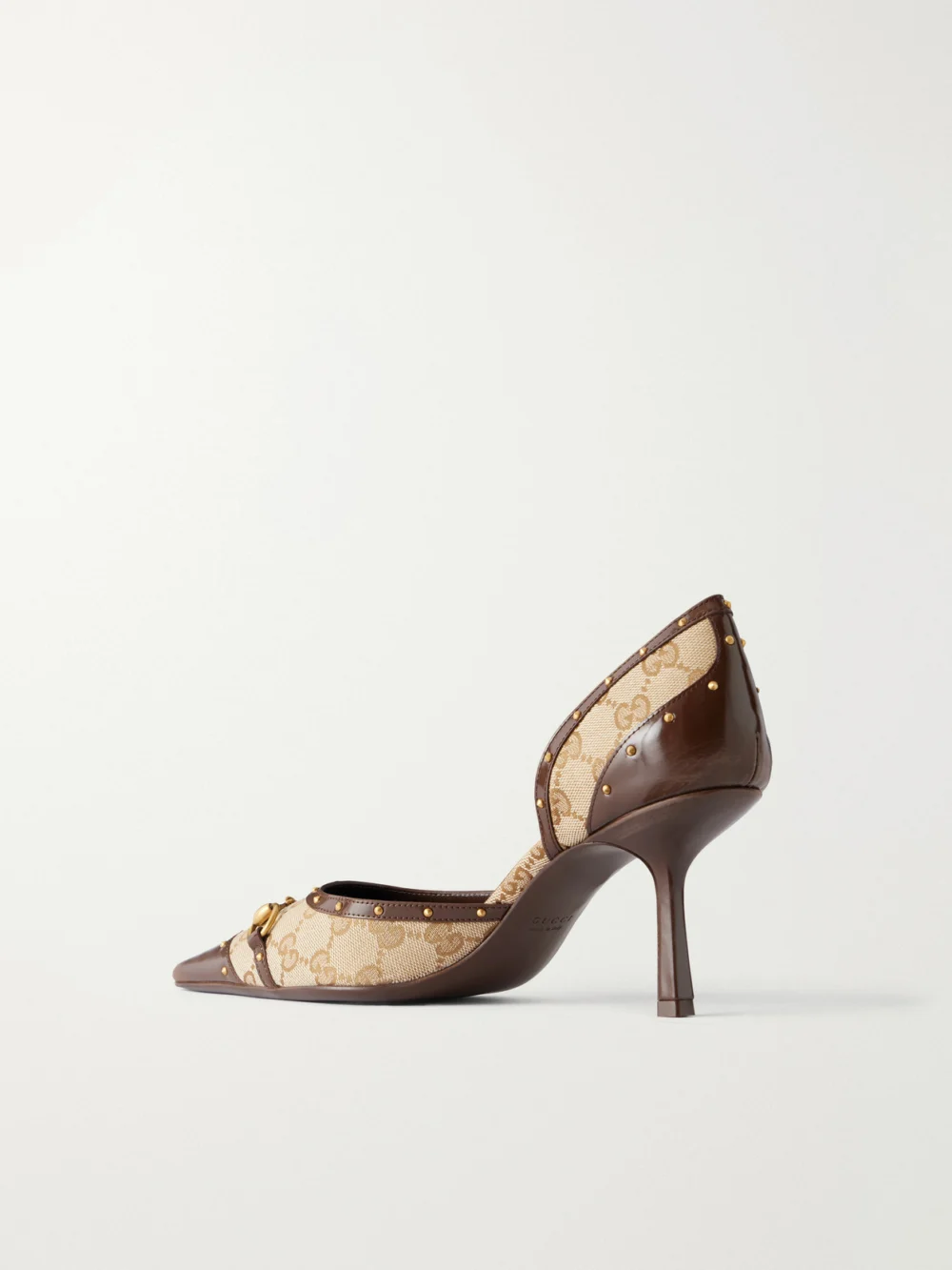 Back view of the Gucci Savoy Horsebit-embellished Leather-trimmed Canvas-jacquard Pumps