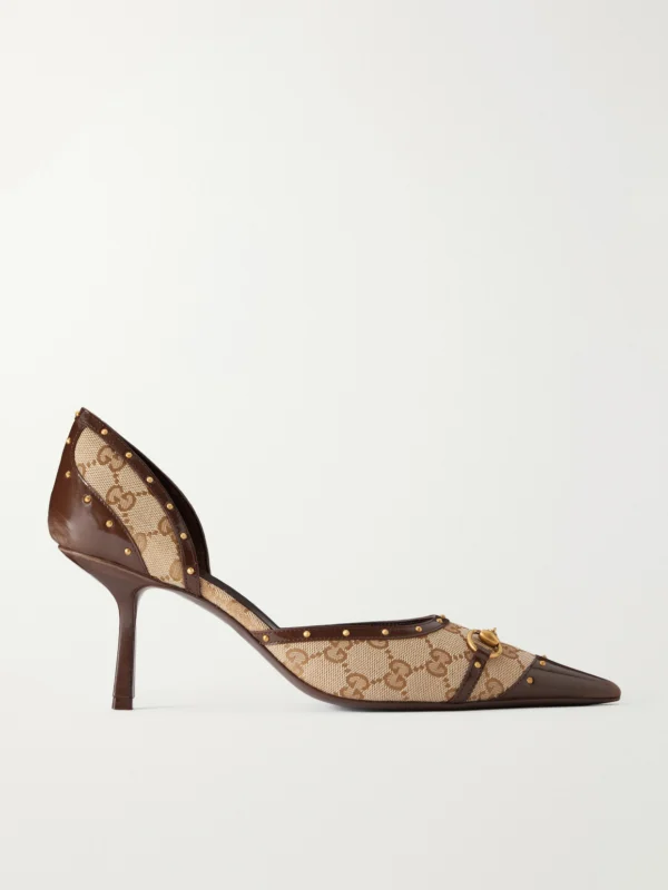 Gucci Savoy Horsebit-embellished Leather-trimmed Canvas-jacquard Pumps