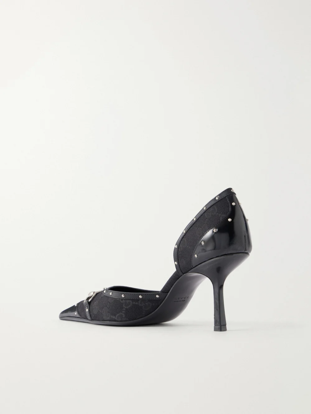 Back view of the Gucci Savoy Horsebit-embellished Leather-trimmed Canvas-jacquard Pumps