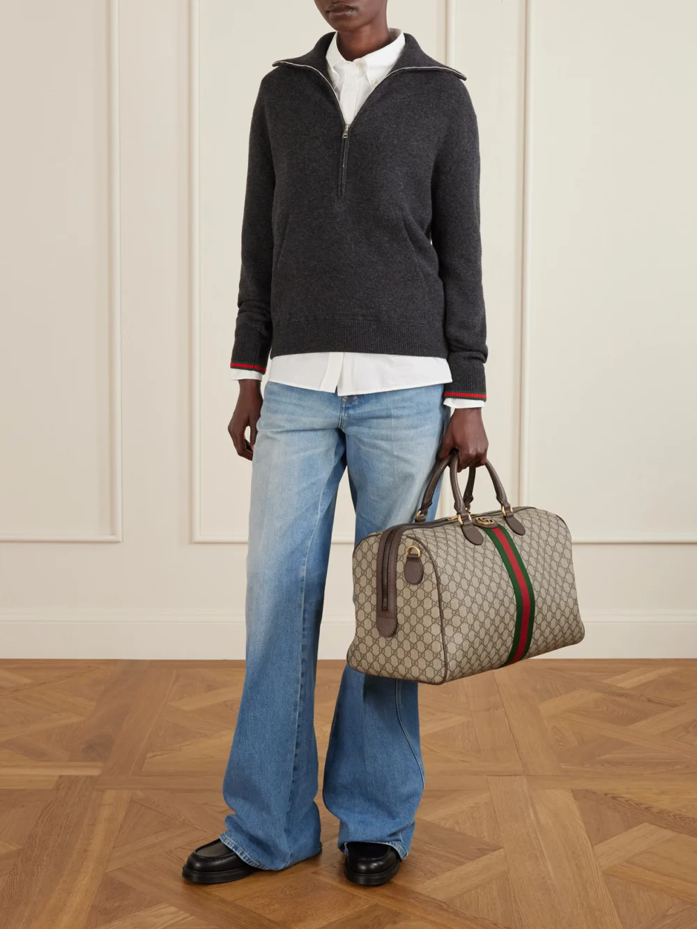 Gucci Savoy Leather Coated Canvas-jacquard Tote, styled view
