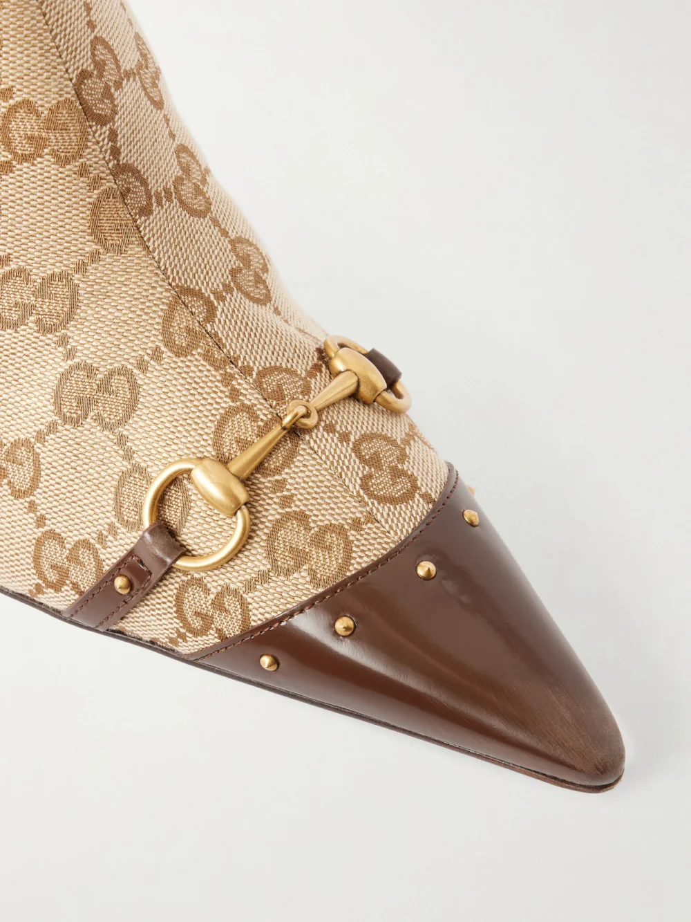 Close-up detail of the Gucci Savoy Leather-trimmed Canvas-jacquard Knee Boots
