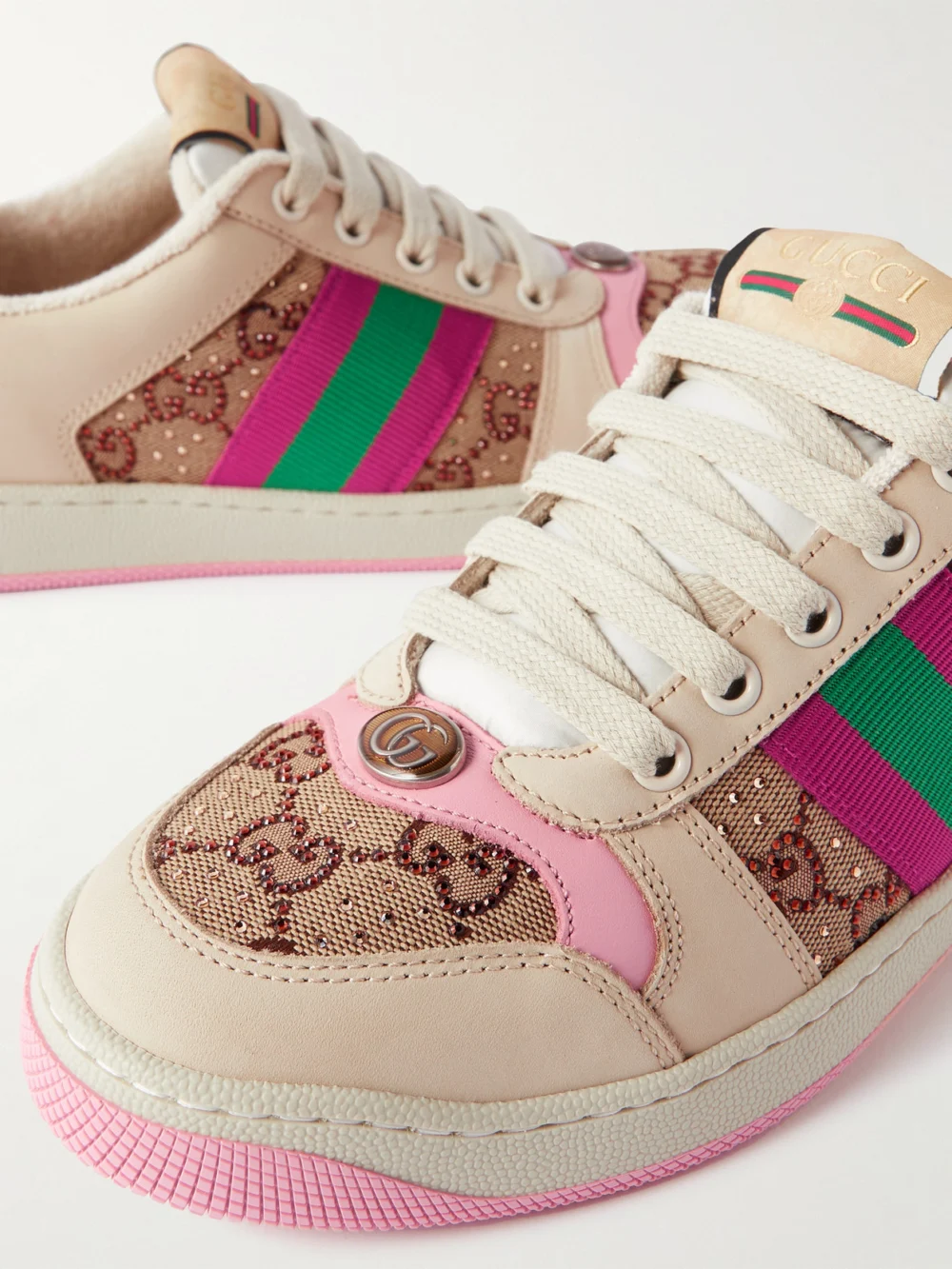 Close-up detail of the Gucci Screener Embellished Canvas and Leather Sneakers