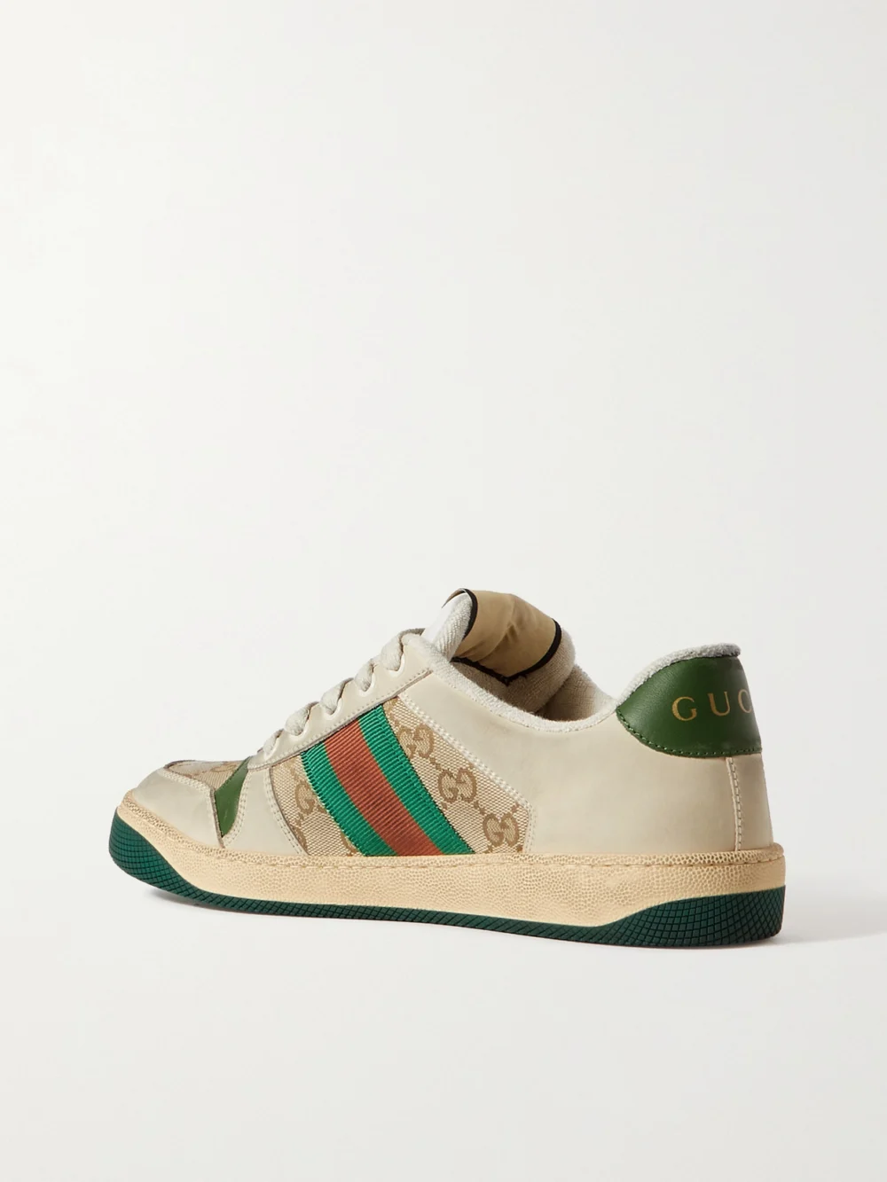 Back view of the Gucci Screener Suede, Distressed Leather and Canvas Sneakers
