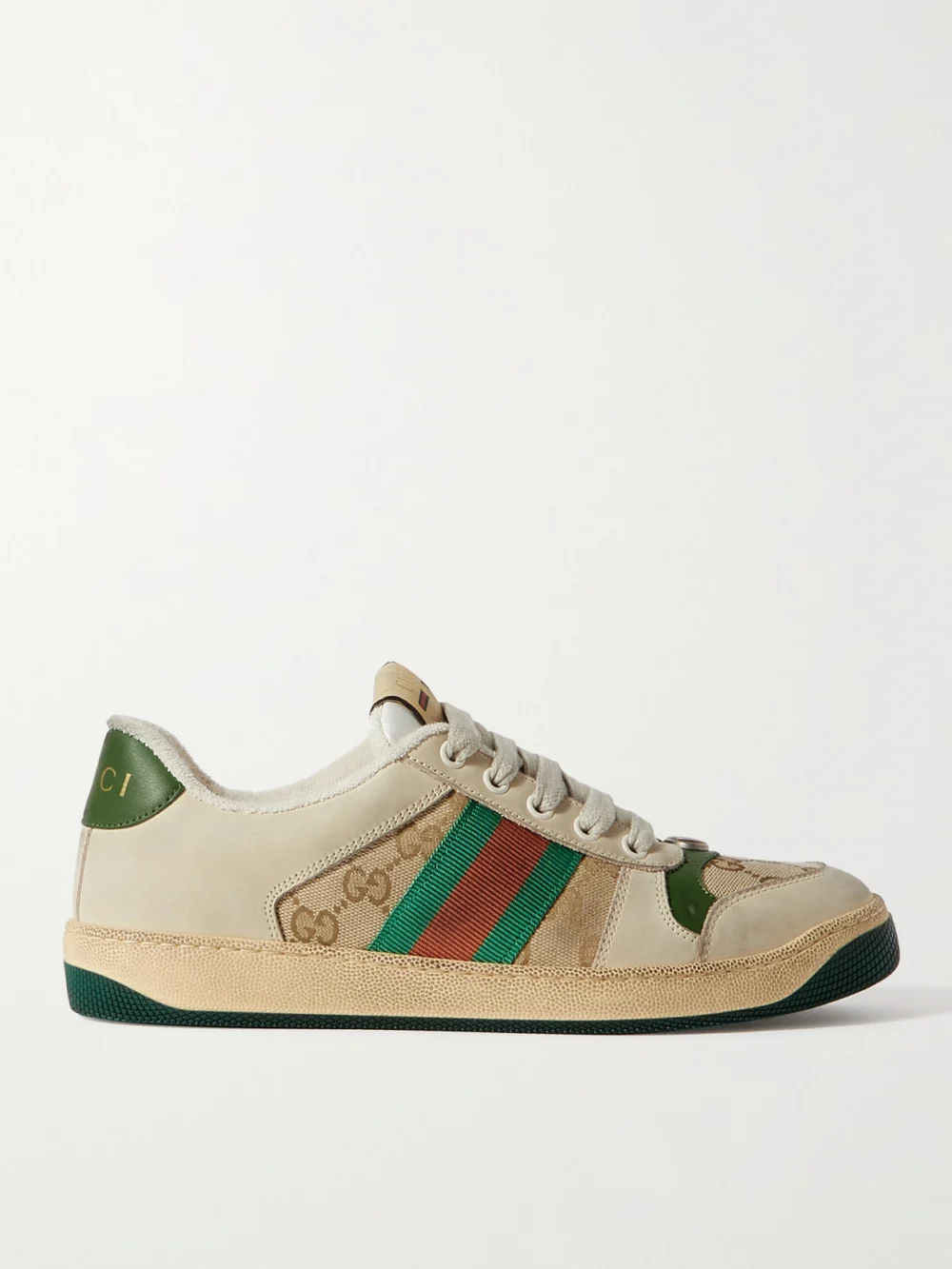 Gucci Screener Suede, Distressed Leather and Canvas Sneakers in beige