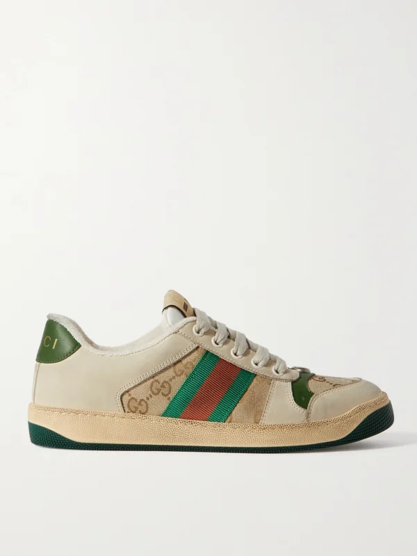 Gucci Screener Suede, Distressed Leather and Canvas Sneakers