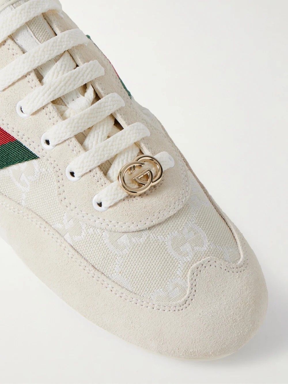 Close-up detail of the Gucci Shift Webbing and Leather-trimmed Canvas-jacquard and Suede Sneakers