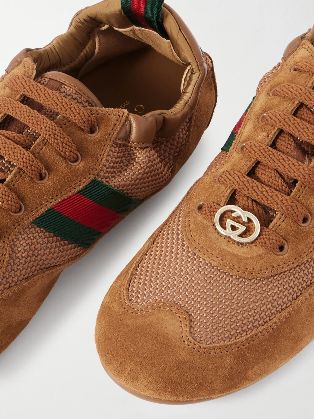 Close-up detail of the Gucci Shift Webbing and Leather-trimmed Mesh and Suede Sneakers