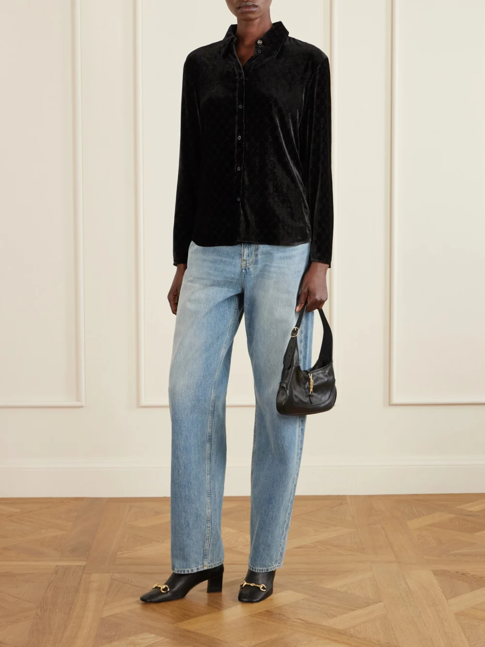 Gucci Signora Horsebit-embellished Leather Ankle Boots, styled view