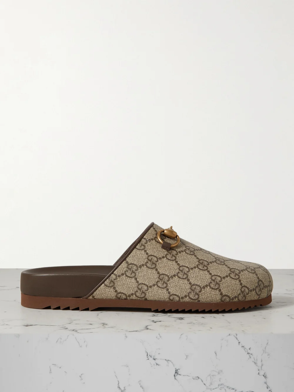 Gucci Sol Embellished Leather-trimmed Canvas-jacquard Slippers in beige
