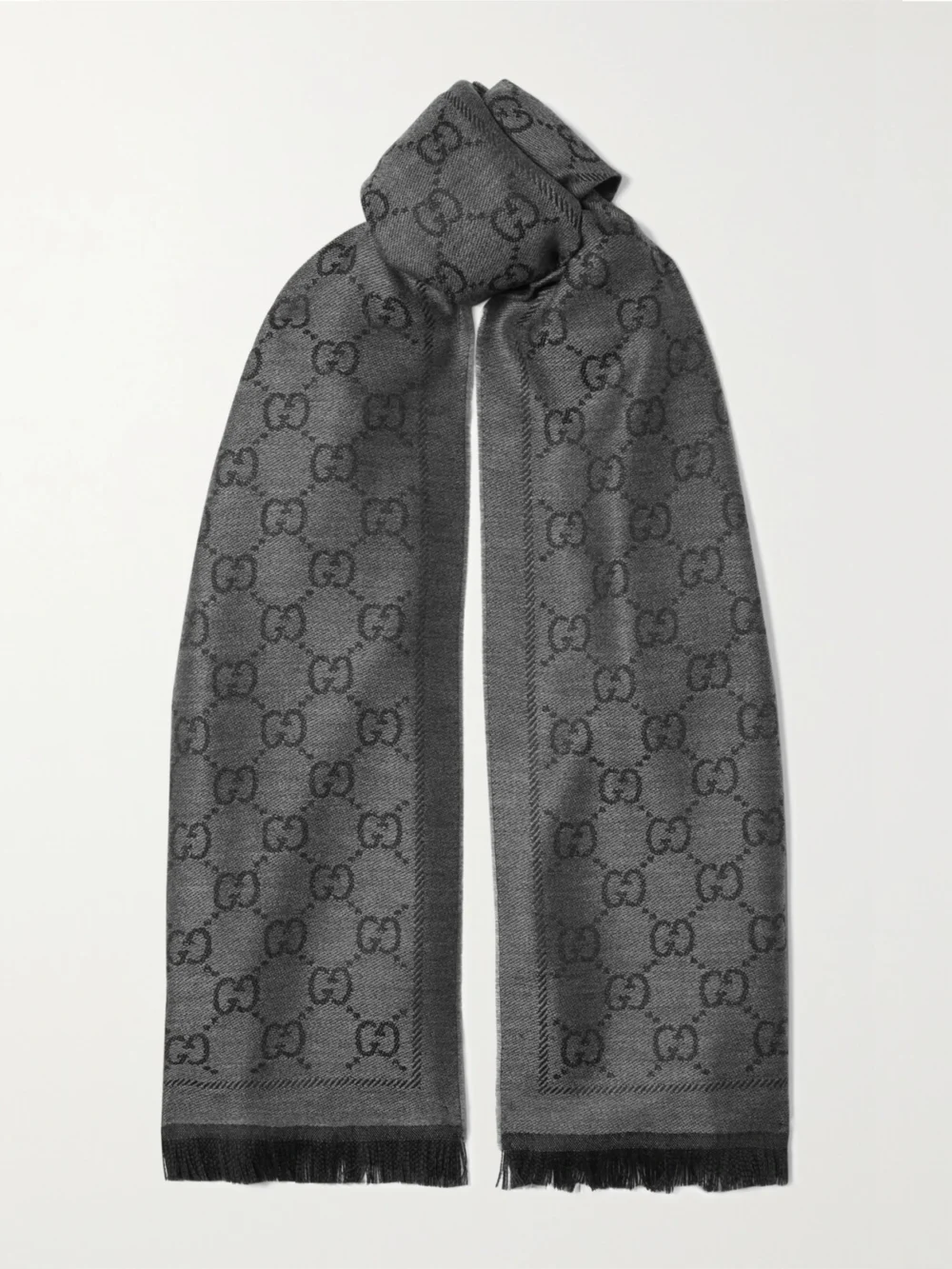 Gucci Sten Reversible Fringed Organic Wool-jacquard Scarf in anthracite