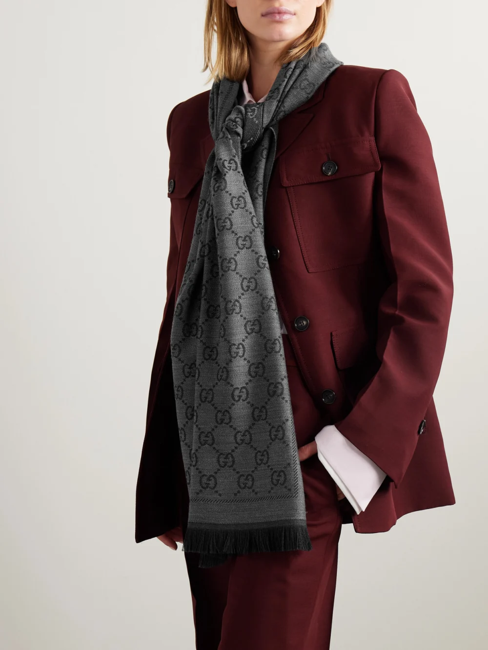 Gucci Sten Reversible Fringed Organic Wool-jacquard Scarf, styled view