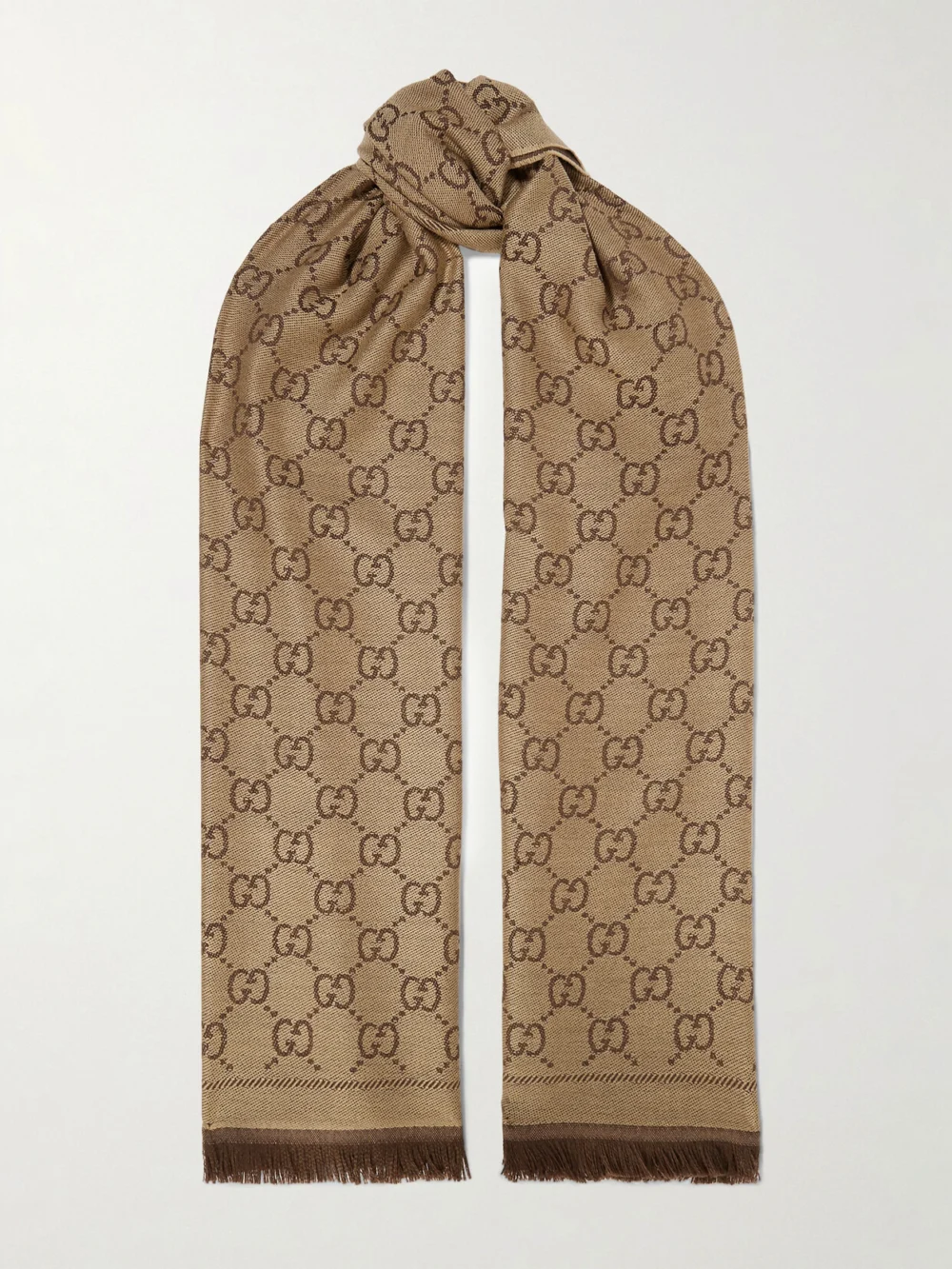 Gucci Sten Reversible Fringed Organic Wool-jacquard Scarf in brown