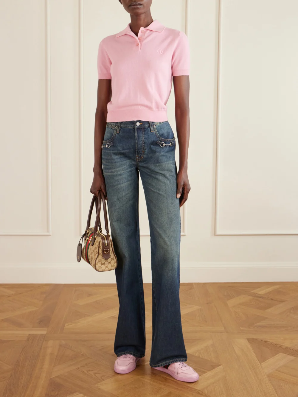 Gucci Stretch Distressed Webbing-trimmed Leather Sneakers, styled view