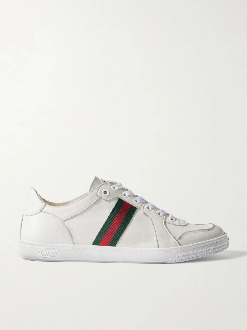 Gucci Stretch Distressed Webbing-trimmed Leather Sneakers in white