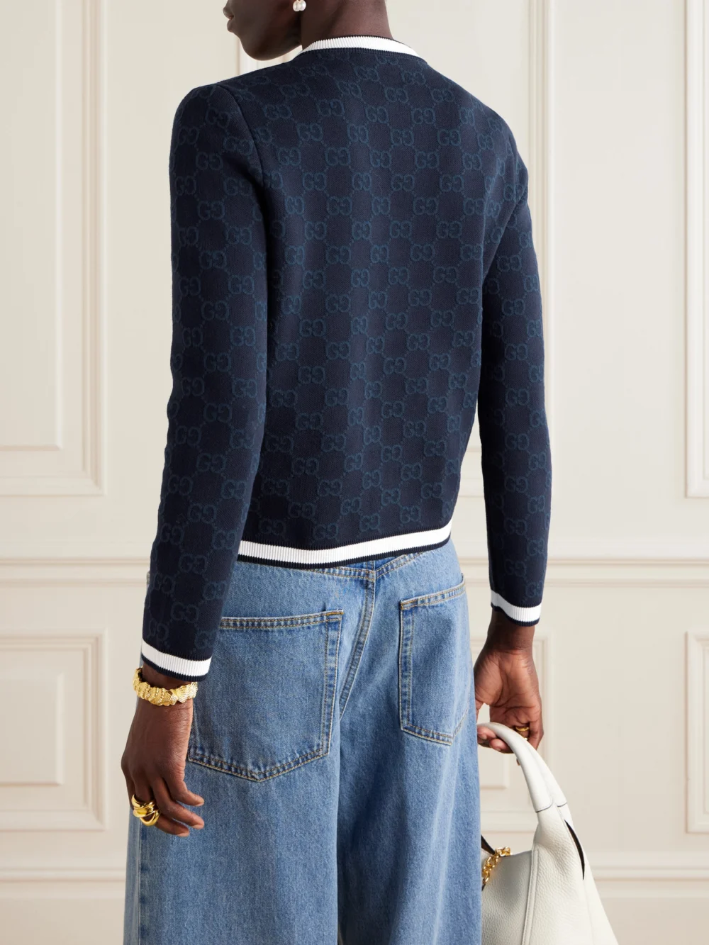 Back view of the Gucci Striped Jacquard-knit Cotton Cardigan