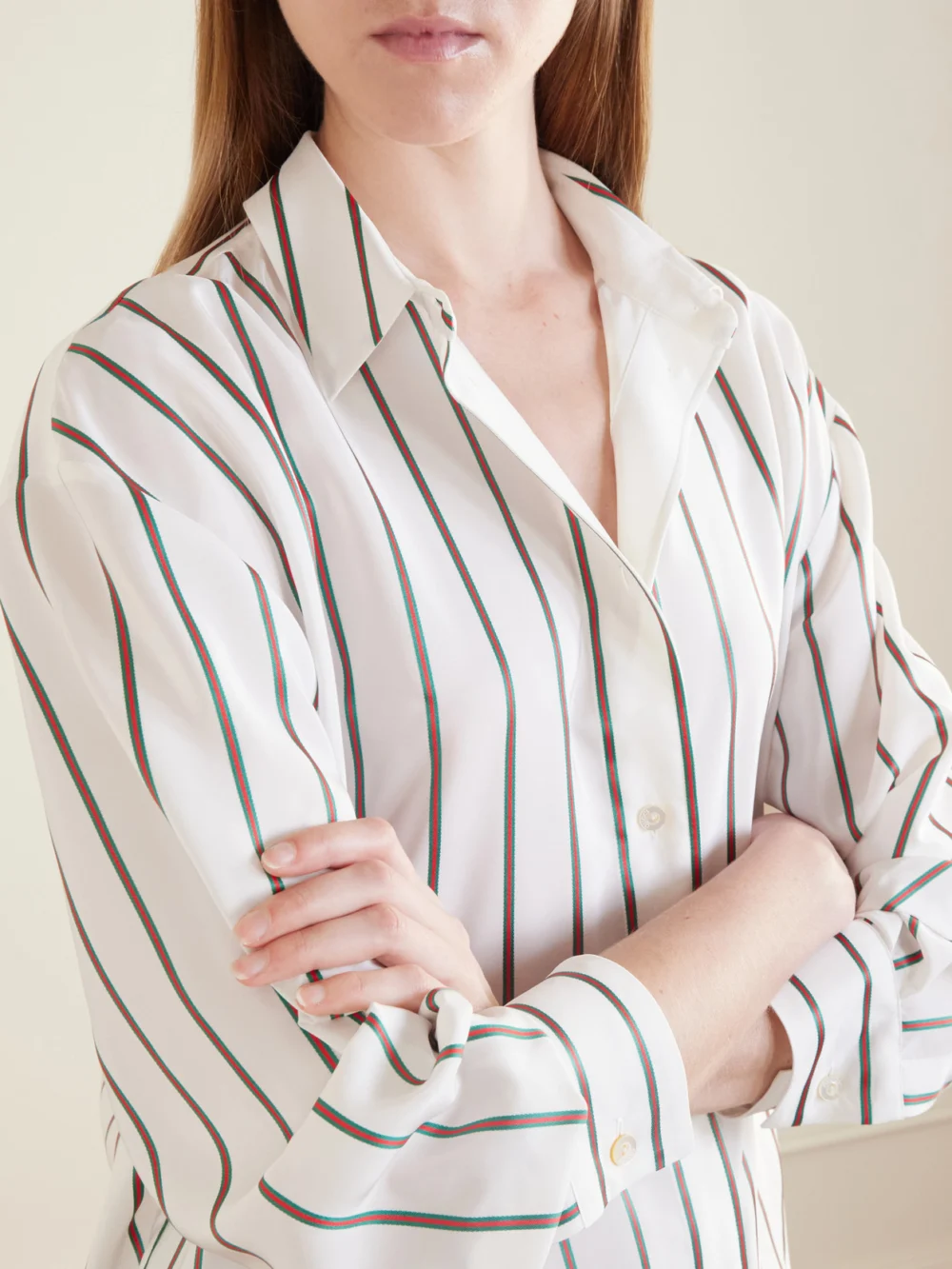 Close-up detail of the Gucci Striped Silk-blend Shirt