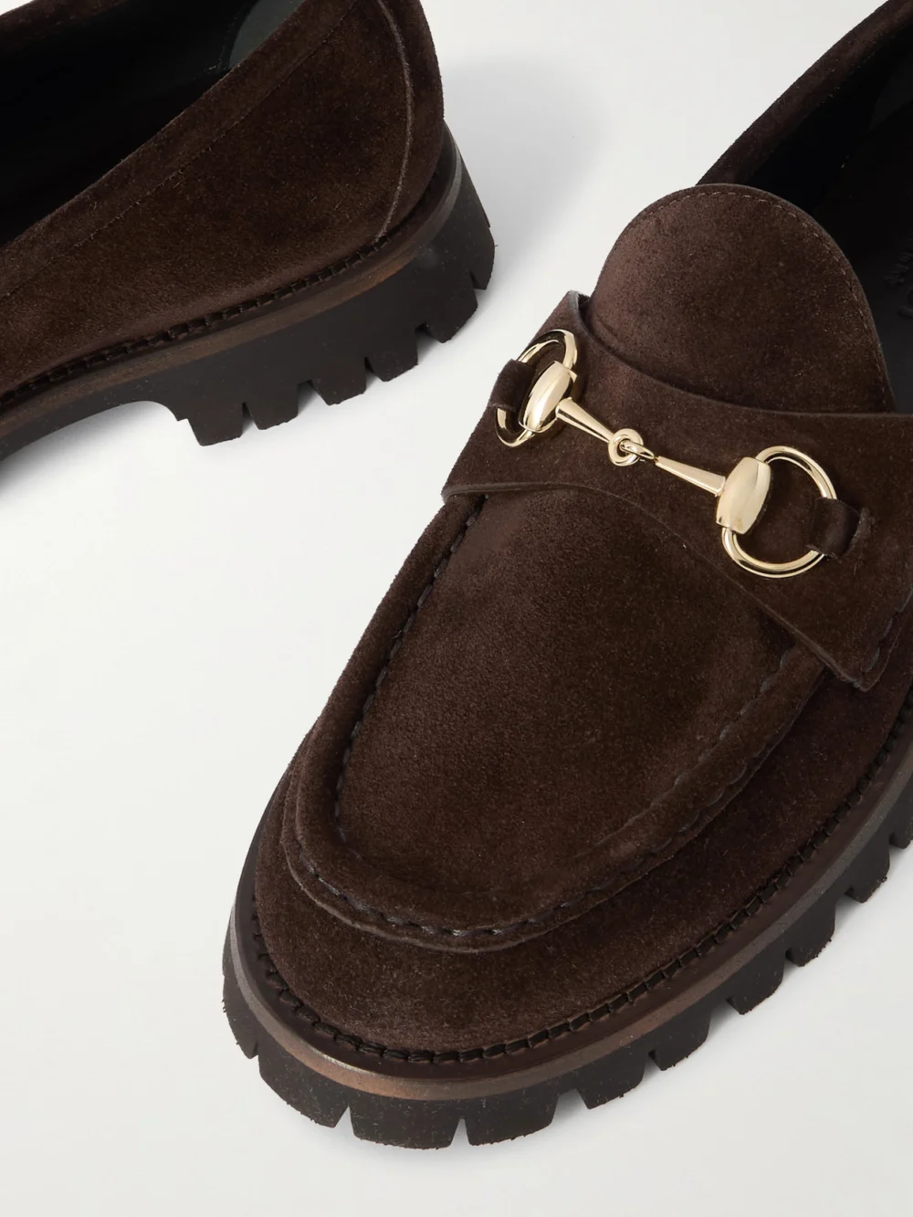 Close-up detail of the Gucci Sylke Horsebit-detailed Suede Loafers