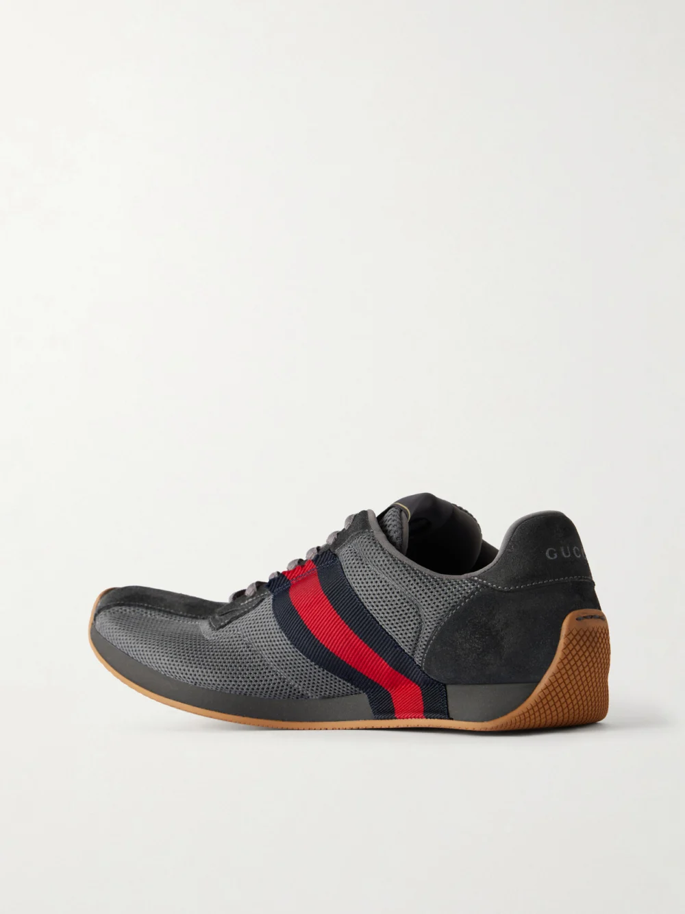 Back view of the Gucci Tempo Web-detailed Suede-trimmed Mesh Sneakers