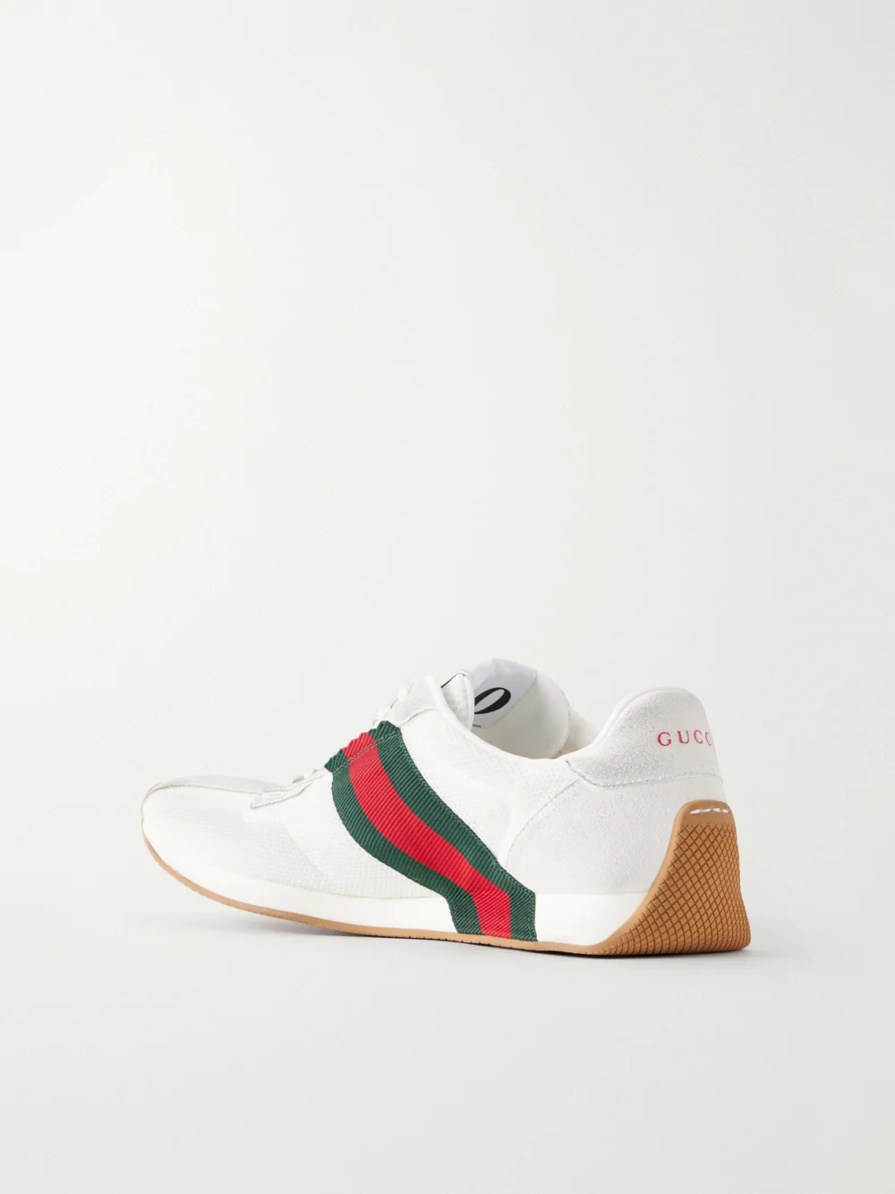 Back view of the Gucci Tempo Web-detailed Suede-trimmed Mesh Sneakers