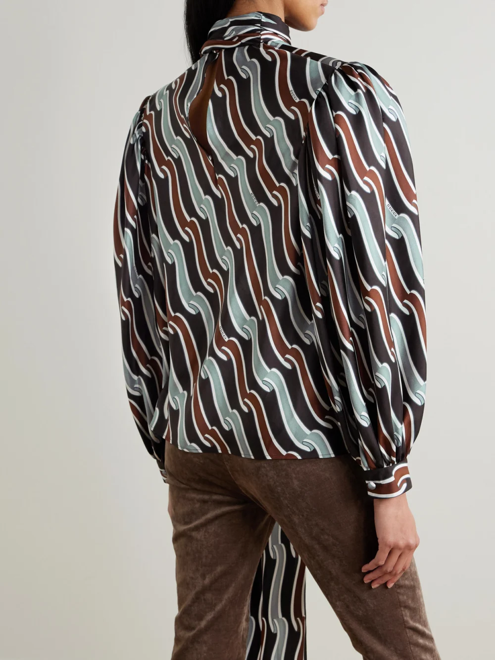 Back view of the Gucci Tie-detailed Gathered Printed Silk-jacquard Blouse