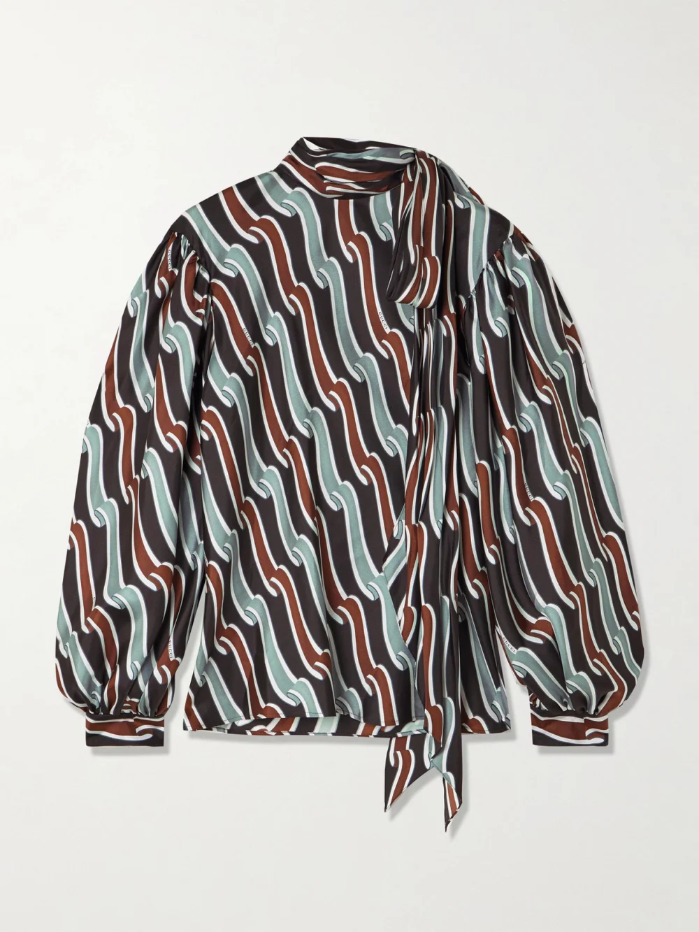 Gucci Tie-detailed Gathered Printed Silk-jacquard Blouse in brown