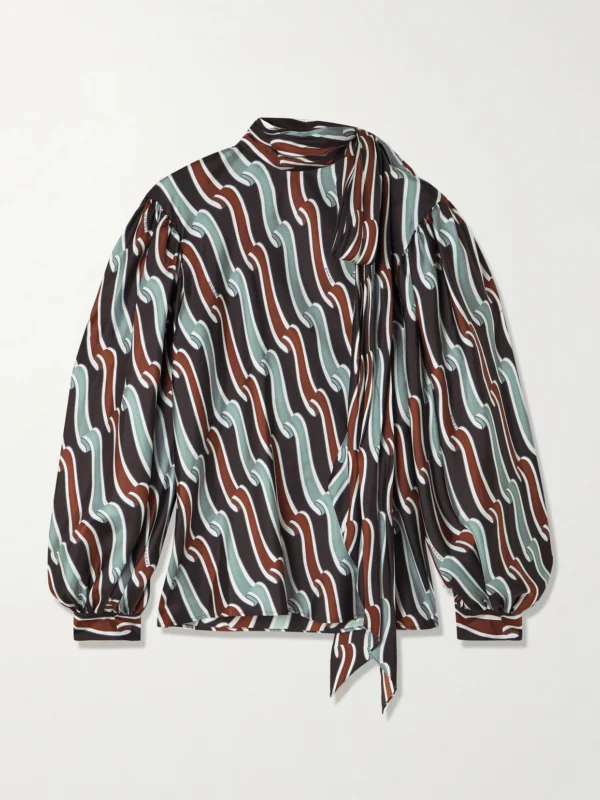 Gucci Tie-detailed Gathered Printed Silk-jacquard Blouse