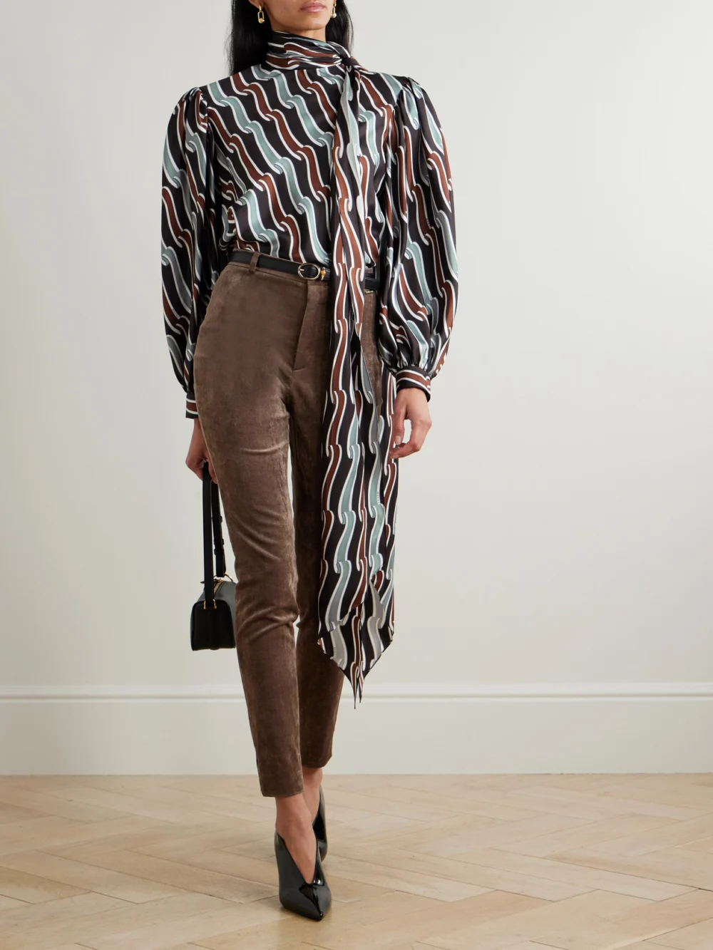 Gucci Tie-detailed Gathered Printed Silk-jacquard Blouse, worn by a model